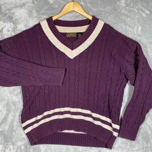 Eddie Bauer Mens XL Vintage Purple Cable Knit V-Neck Varsity Striped Sweater